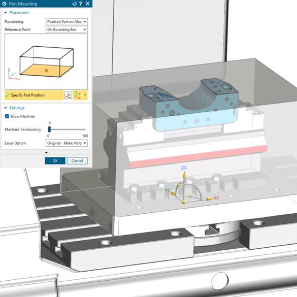 Position part and fixtures in machine context Position part and fixtures in machine context