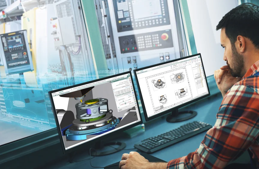 Man werkt met CAM programma's op een dubbele monitor