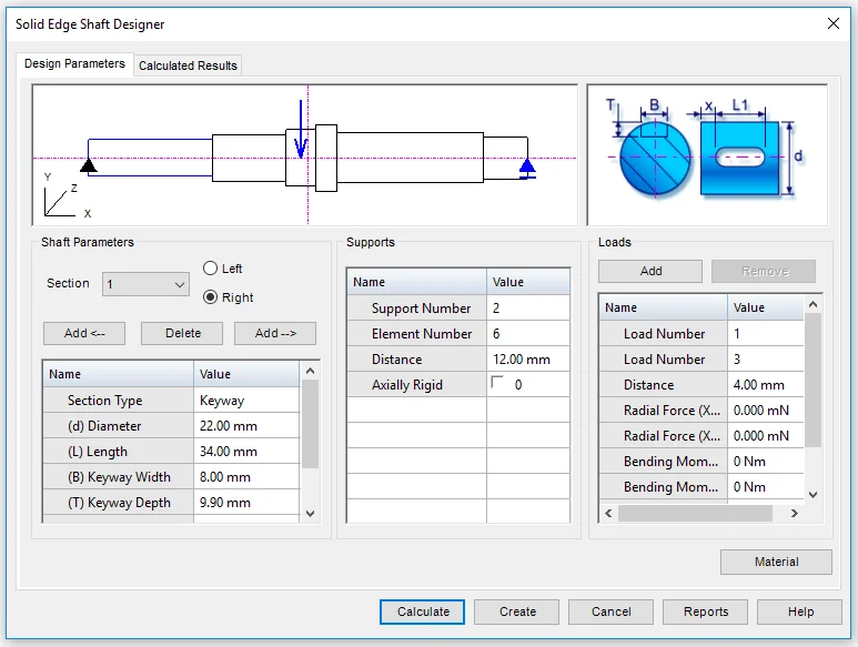 Figuur 4: Voorbeeld van Shaft Designer. Afmetingen, oplegpunten en belastingen worden opgegeven en m