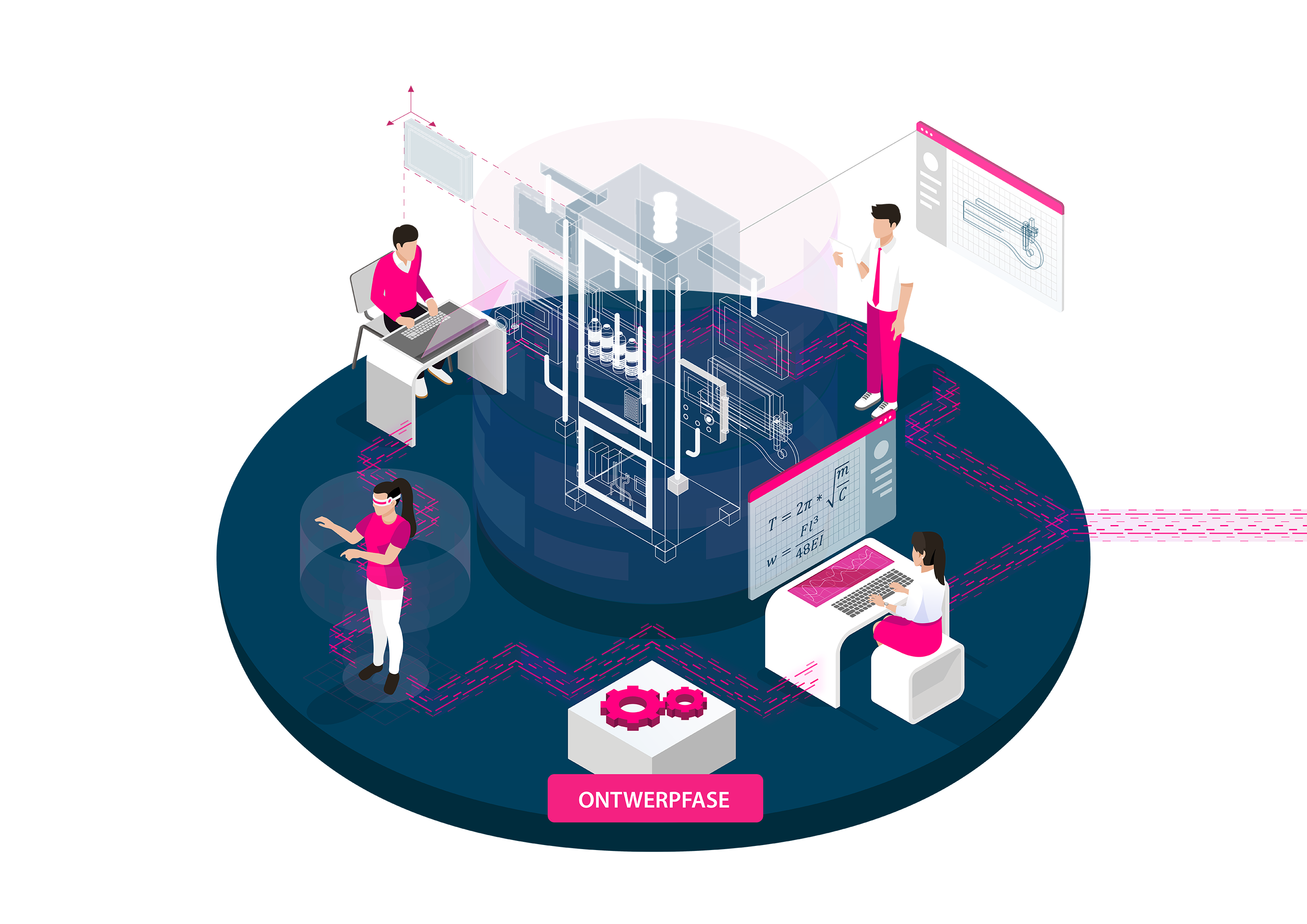 Isometrische illustratie van de ontwerpfase met vier designers die samenwerken rond technische tekeningen en workflowverbindingen